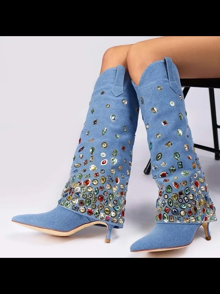Embellished Custom Blue Denim Knee Heel Boots With Gem Accents